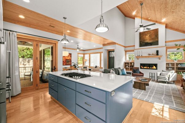 Fireplace, Interior, Kitchen, Living room, Pendant Lights, Recessed Lighting, Wooden Ceilings, Wood Texture Flooring