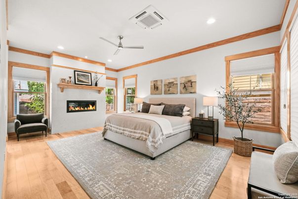Bedroom, Fireplace, Interior, Recessed Lighting, Wood Texture Flooring