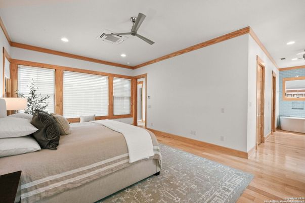 Bedroom, Interior, Recessed Lighting, Wood Texture Flooring