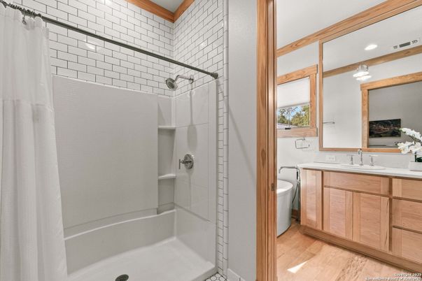 Bathroom, Glass Shower, Interior, Recessed Lighting, Wood Texture Flooring