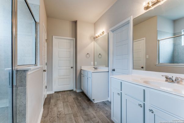 Bathroom, Dual Sink Vanities, Glass Shower, Interior, Wood Texture Flooring