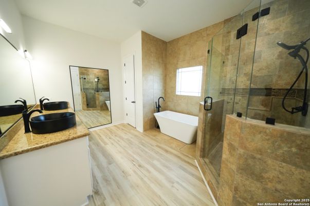 Bathroom, Free Standing Baths, Glass Shower, Interior, Wood Texture Flooring
