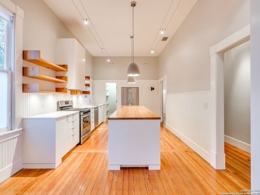 Interior, Kitchen, Pendant Lights, Recessed Lighting, Stainless Steel Appliances, Wood Texture Flooring