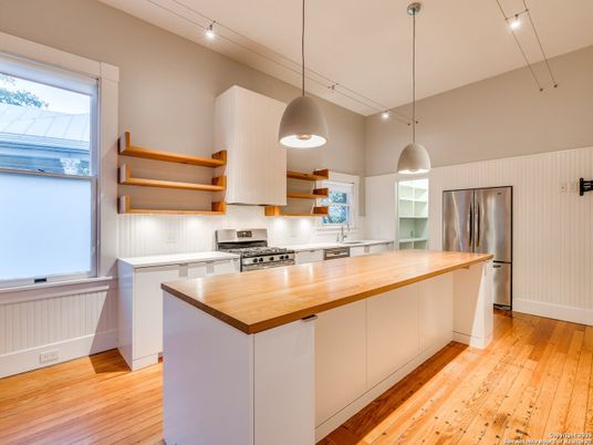 Interior, Kitchen, Pendant Lights, Stainless Steel Appliances, Wood Texture Flooring