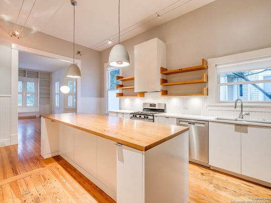 Interior, Kitchen, Pendant Lights, Stainless Steel Appliances, Wood Texture Flooring