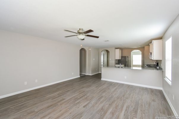 Empty room, Interior, Kitchen, Recessed Lighting, Wood Texture Flooring