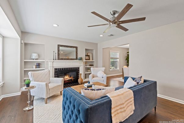 Fireplace, Interior, Living room, Recessed Lighting, Wood Texture Flooring