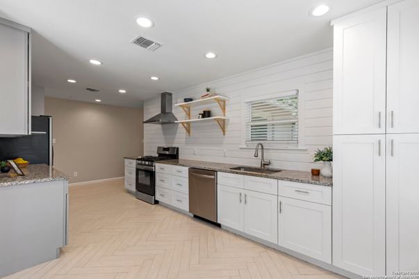 Interior, Kitchen, Recessed Lighting, Stainless Steel Appliances, Wood Texture Flooring