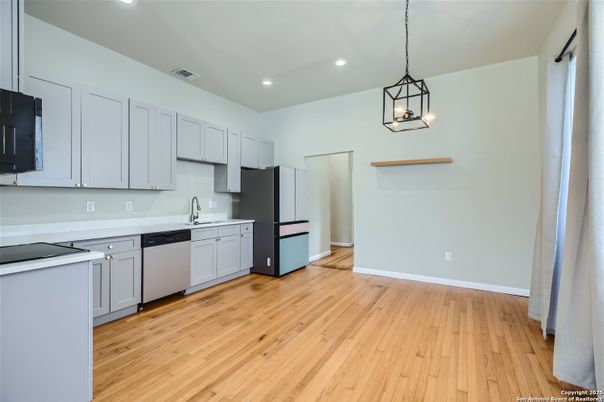 Interior, Kitchen, Pendant Lights, Recessed Lighting, Wood Texture Flooring