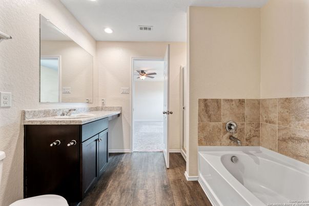 Bathroom, Interior, Recessed Lighting, Wood Texture Flooring