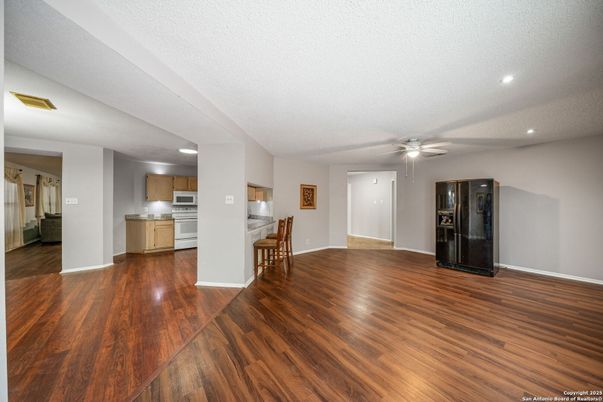 Empty room, Interior, Kitchen, Recessed Lighting, Wood Texture Flooring