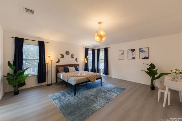 Bedroom, Interior, Pendant Lights, Wood Texture Flooring