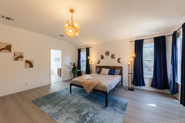Bedroom, Chandelier, Interior, Wood Texture Flooring