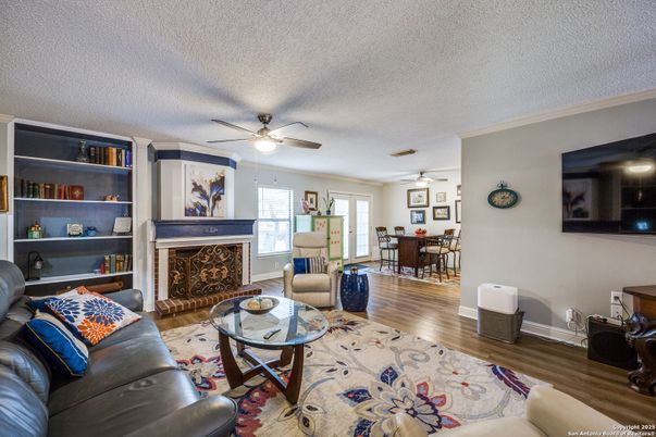 Dining room, Fireplace, Interior, Living room, Wood Texture Flooring