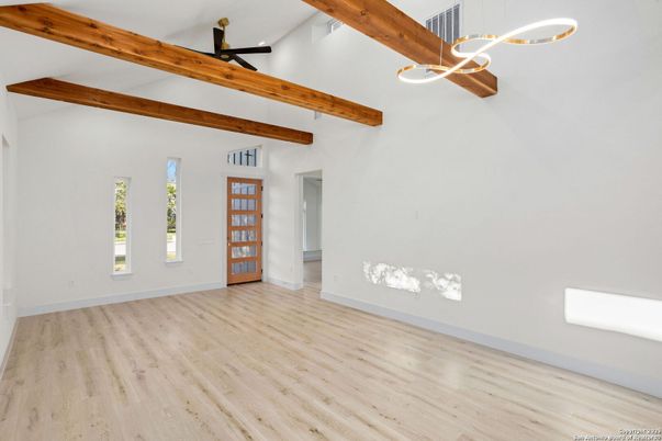 Empty room, Interior, Pendant Lights, Wooden Beams, Wood Texture Flooring