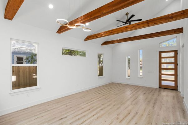 Empty room, Interior, Pendant Lights, Recessed Lighting, Wooden Beams, Wood Texture Flooring