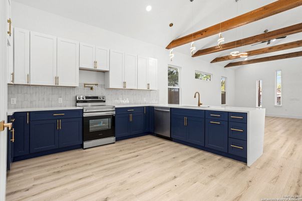 Interior, Kitchen, Pendant Lights, Recessed Lighting, Stainless Steel Appliances, Wooden Beams, Wood Texture Flooring