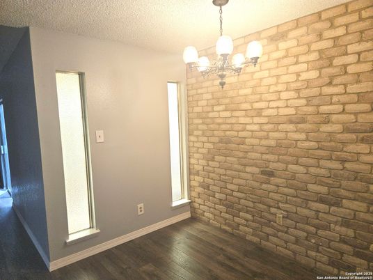 Chandelier, Empty room, Interior, Stone Walls, Wood Texture Flooring