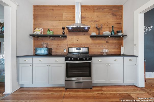 Interior, Kitchen, Stainless Steel Appliances, Wood Texture Flooring, Wooden Walls