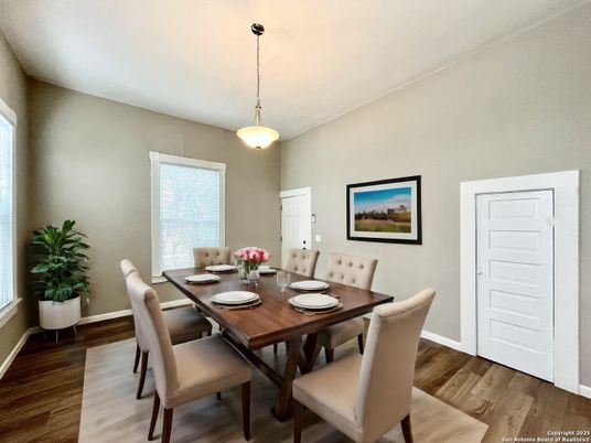 Dining room, Interior, Pendant Lights, Wood Texture Flooring
