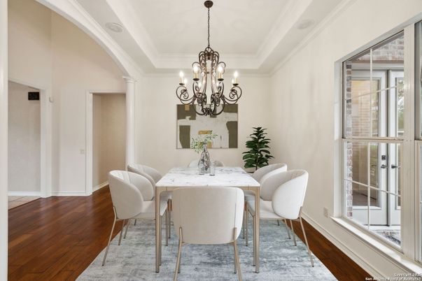 Chandelier, Dining room, Interior, Wood Texture Flooring
