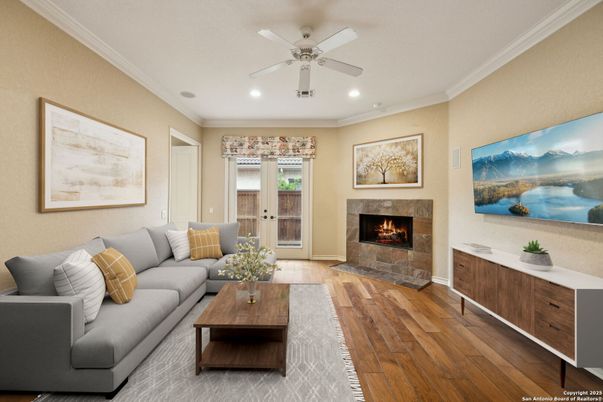 Fireplace, Interior, Living room, Recessed Lighting, Wood Texture Flooring