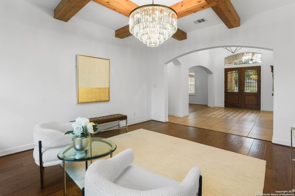 Chandelier, Dining room, Interior, Wooden Beams, Wood Texture Flooring