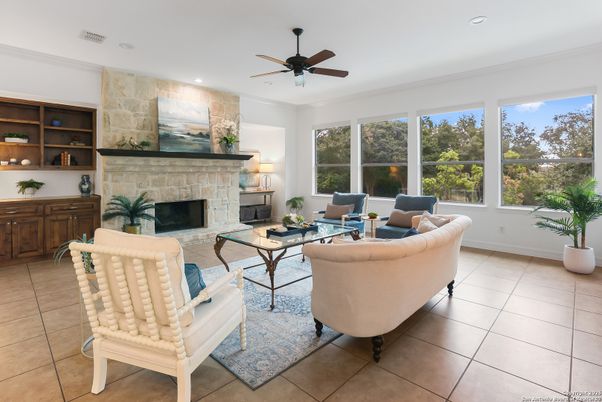 Fireplace, Interior, Living room, Recessed Lighting, Stone Walls