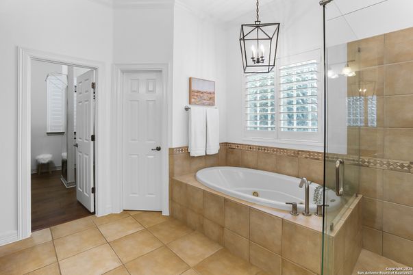 Bathroom, Glass Shower, Interior, Pendant Lights, Wood Texture Flooring