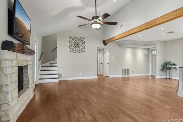 Empty room, Fireplace, Interior, Recessed Lighting, Wooden Beams, Wood Texture Flooring