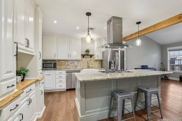 Interior, Kitchen, Pendant Lights, Recessed Lighting, Stainless Steel Appliances, Wooden Beams, Wood Texture Flooring