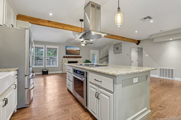 Interior, Kitchen, Pendant Lights, Recessed Lighting, Stainless Steel Appliances, Wooden Beams, Wood Texture Flooring
