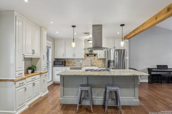 Interior, Kitchen, Pendant Lights, Recessed Lighting, Stainless Steel Appliances, Wooden Beams, Wood Texture Flooring