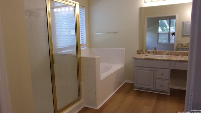 Bathroom, Glass Shower, Interior, Wood Texture Flooring