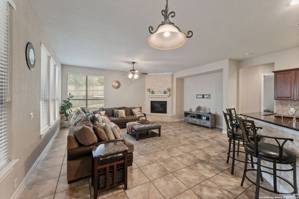 Dining room, Fireplace, Interior, Living room, Pendant Lights