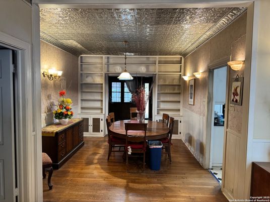 Dining room, Interior, Pendant Lights, Wood Texture Flooring