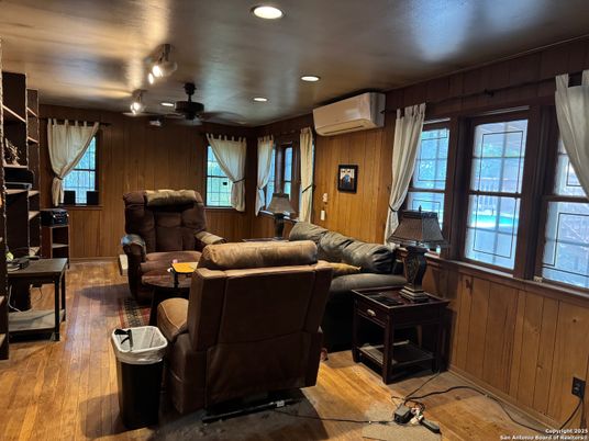 Interior, Living room, Recessed Lighting, Wood Texture Flooring, Wooden Walls