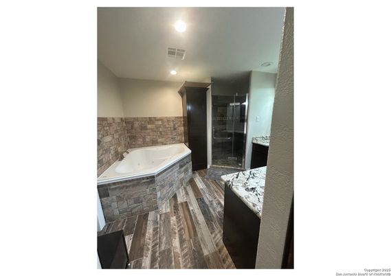 Bathroom, Glass Shower, Interior, Recessed Lighting, Wood Texture Flooring