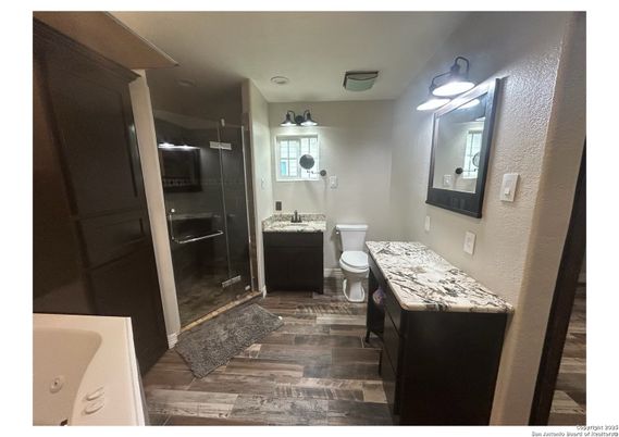 Bathroom, Glass Shower, Interior, Wood Texture Flooring
