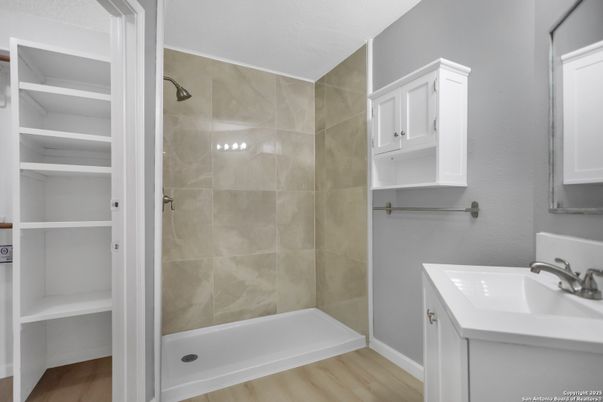 Bathroom, Glass Shower, Interior, Wood Texture Flooring