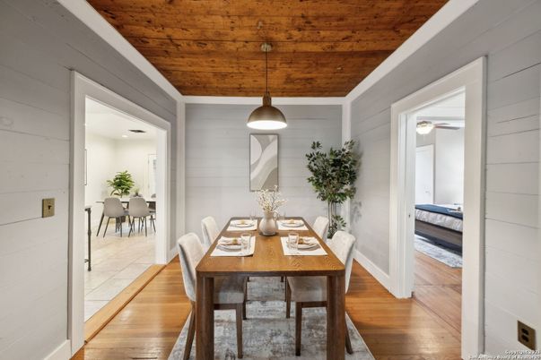 Dining room, Interior, Pendant Lights, Wooden Ceilings, Wood Texture Flooring