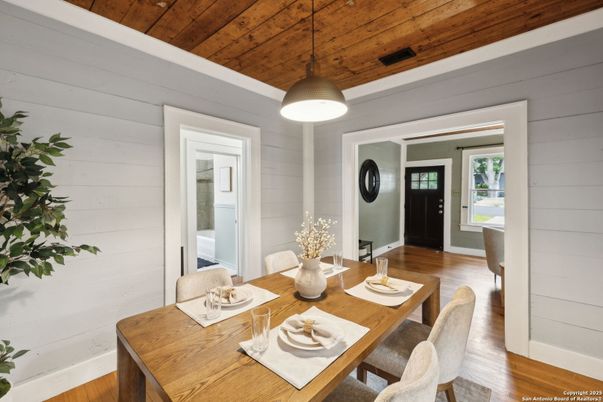Dining room, Interior, Pendant Lights, Wooden Ceilings, Wood Texture Flooring