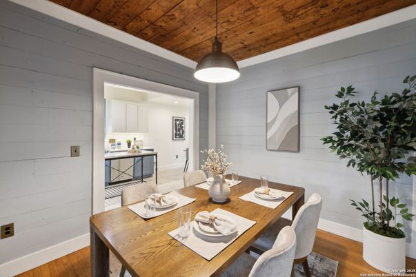 Dining room, Interior, Pendant Lights, Wooden Ceilings, Wood Texture Flooring