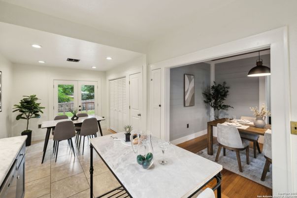 Dining room, Interior, Pendant Lights, Recessed Lighting, Wood Texture Flooring