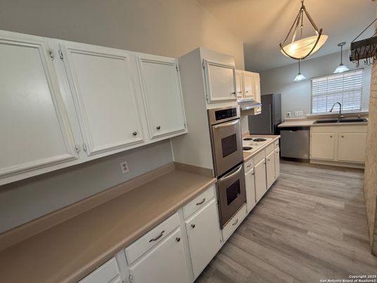 Interior, Kitchen, Pendant Lights, Stainless Steel Appliances, Wood Texture Flooring