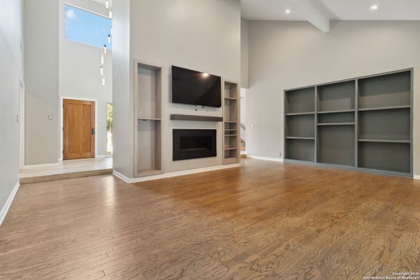 Empty room, Fireplace, Interior, Recessed Lighting, Wood Texture Flooring