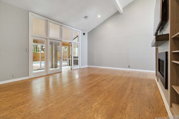 Empty room, Fireplace, Interior, Recessed Lighting, Wood Texture Flooring