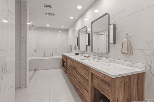 Bathroom, Dual Sink Vanities, Interior, Marble Walls, Recessed Lighting
