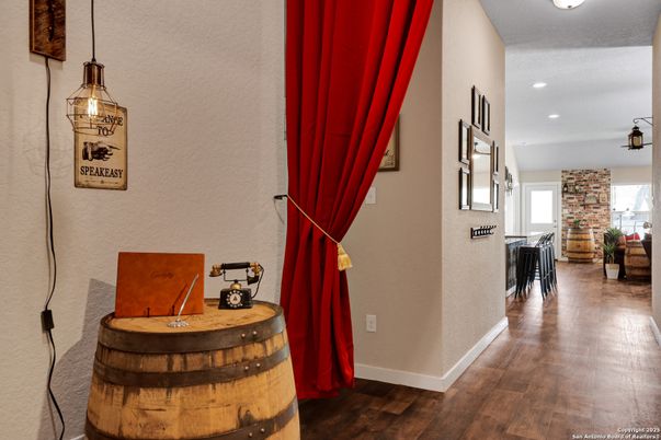 Interior, Pendant Lights, Recessed Lighting, Stone Walls, Wood Texture Flooring