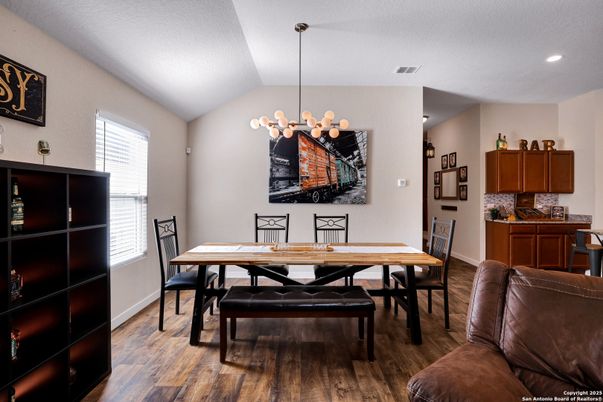 Chandelier, Dining room, Interior, Recessed Lighting, Wood Texture Flooring